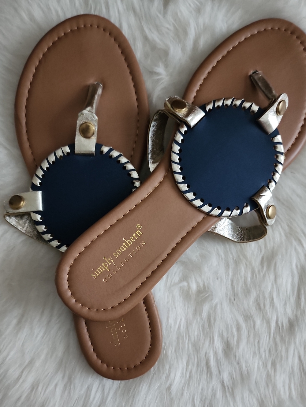 Simply Southern Tan Sandals with Navy Medallion and Metallic Straps